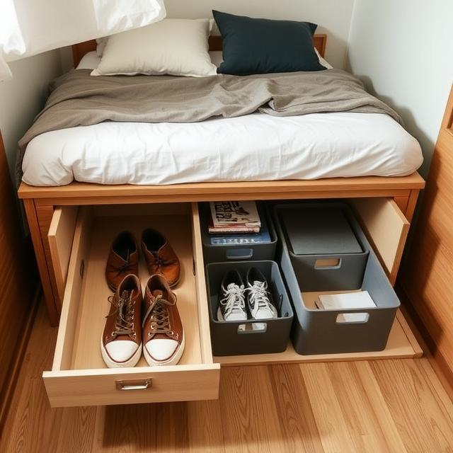 Sliding under-bed shelves storing shoes and books