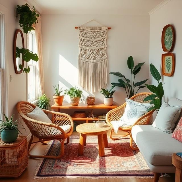 Small Boho Living Room Ideas That Feel Warm and Spacious 3 Small Boho living room with rattan furniture, plants, and cozy textiles