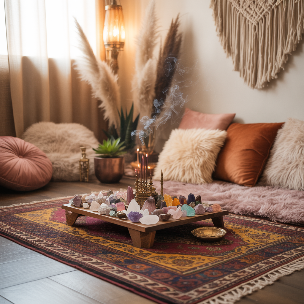 Boho Meditation Corner: 10 Brilliant Ideas 8 Small altar with crystals in a Boho Meditation Corner at home.