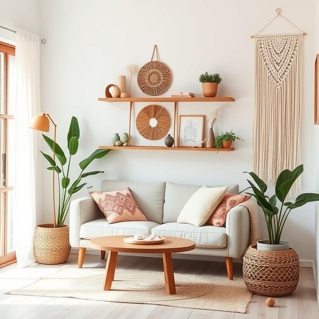 Small Boho Living Room Ideas That Feel Warm and Spacious 10 Small apartment living room with Bohemian décor, plants, and natural textures.