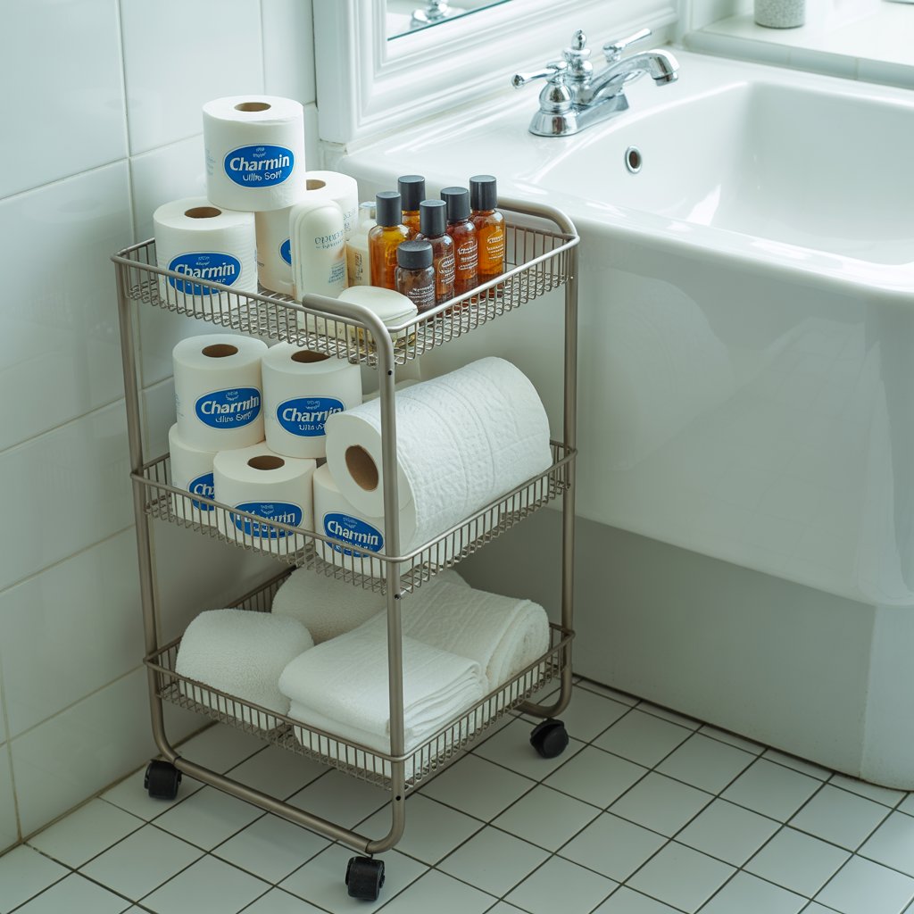 Small bathroom storage with rolling cart