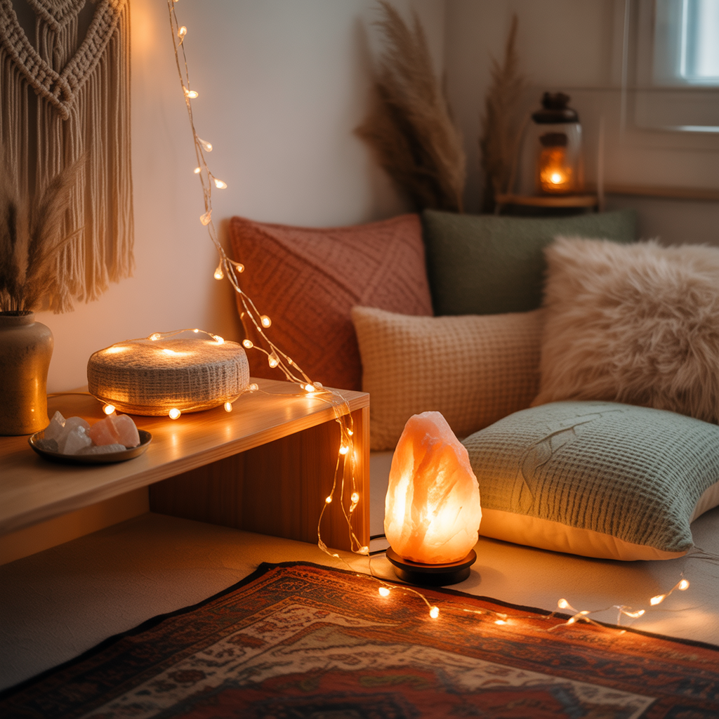 Boho Meditation Corner: 10 Brilliant Ideas 6 Soft fairy lights and a salt lamp in a Boho Meditation Corner at home.