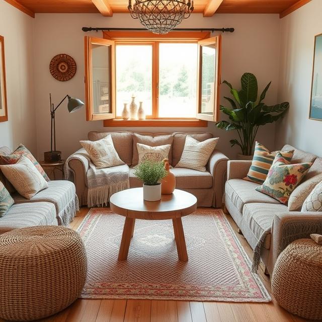 Small Boho Living Room Ideas That Feel Warm and Spacious 12 Spacious-feeling small Boho living room with light walls and layered textures.