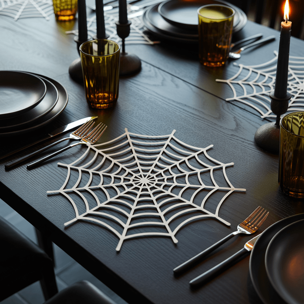 Spider web place mats from Free Printable Halloween Decorations on a table.