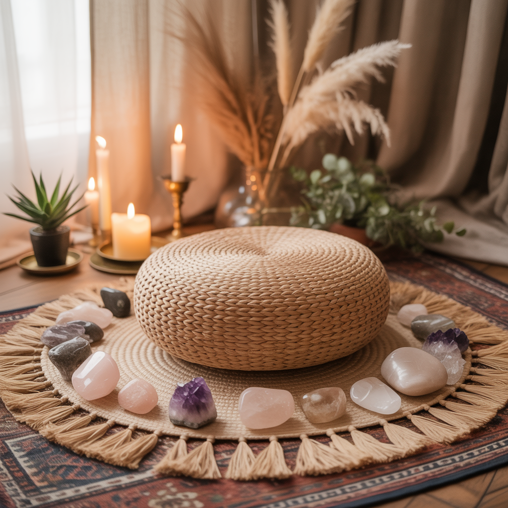 10 Beautiful Boho Meditation Corner Ideas You Can Create at Home 8 Spiritual accessories arranged in a Boho Meditation Corner.