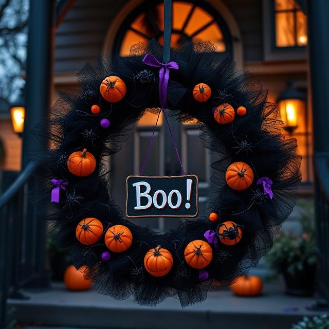 Spooky Halloween wreath DIY with black tulle and plastic spiders