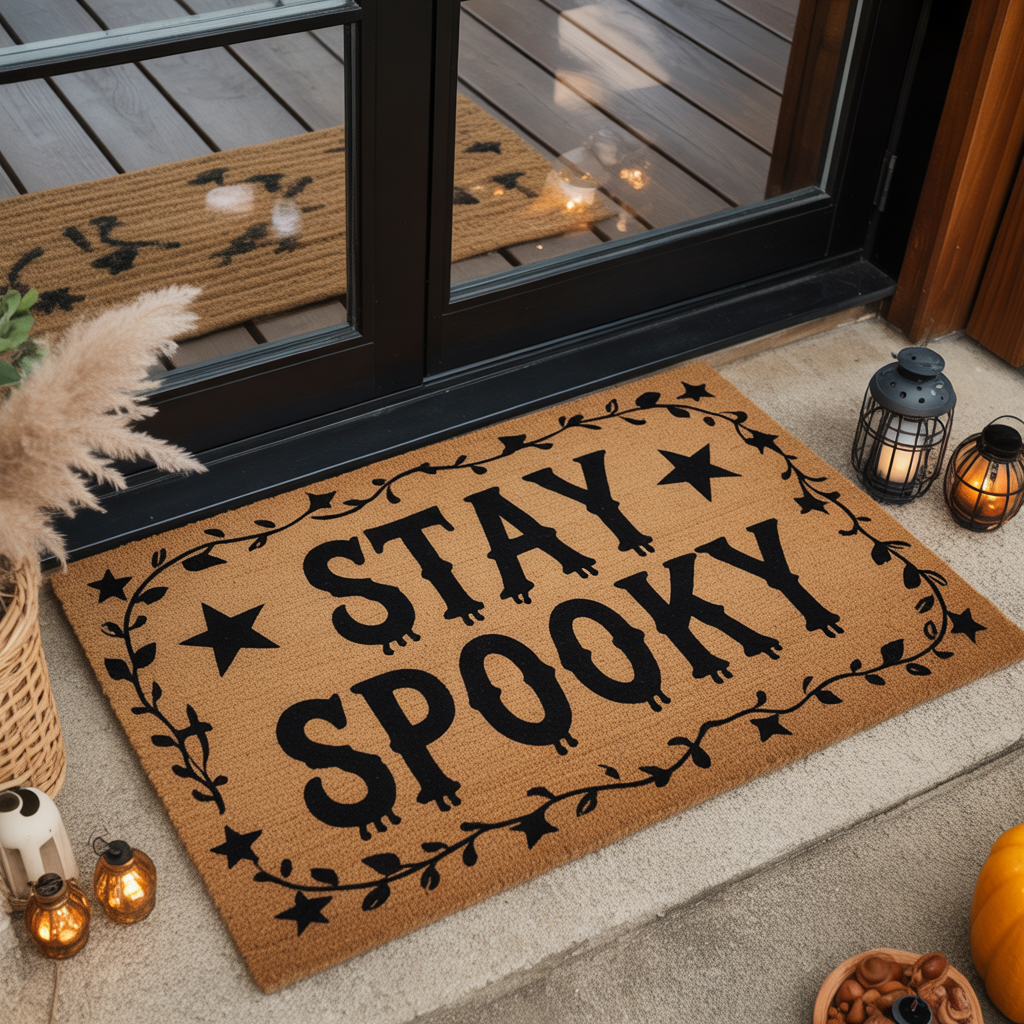 10 Cozy DIY Halloween Boho Door Mats for a Welcoming Entry 7 Stay Spooky” Halloween boho doormat with vine and star designs.