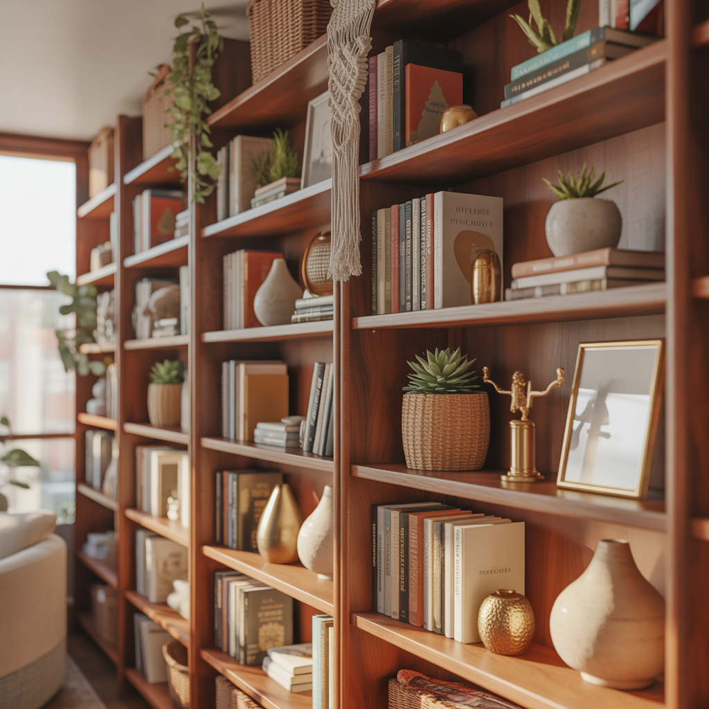 10 Modern Boho Home Office Ideas for a Creative Workspace 9 Styled bookshelf with books and decor in a Modern Boho Home Office Ideas office.
