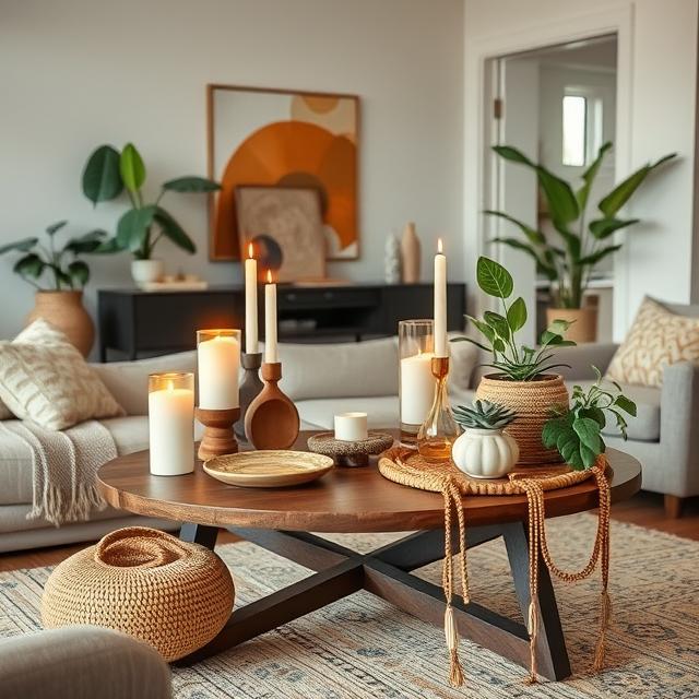 Table styled with boho decor items like candles, ceramics, beads and plants in modern living room