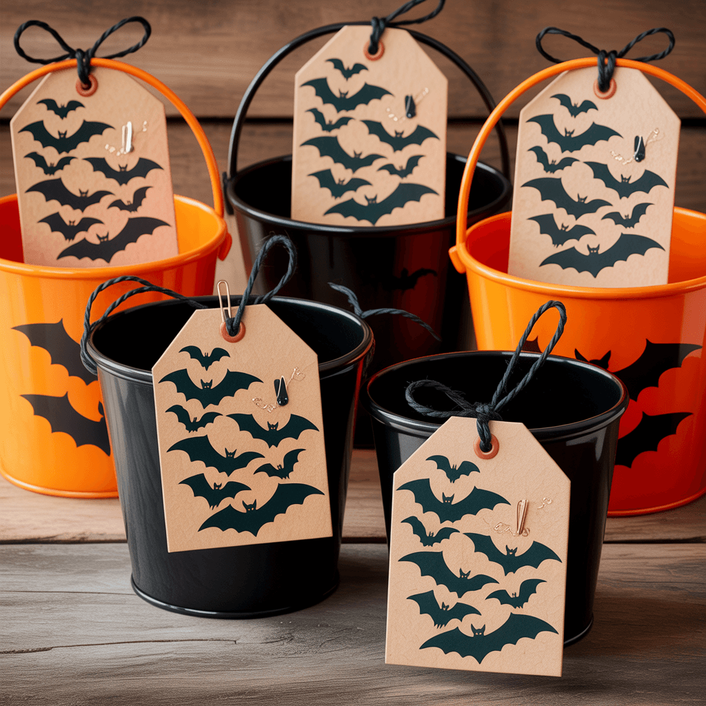 Tags with bat swarm design on Halloween treat buckets.