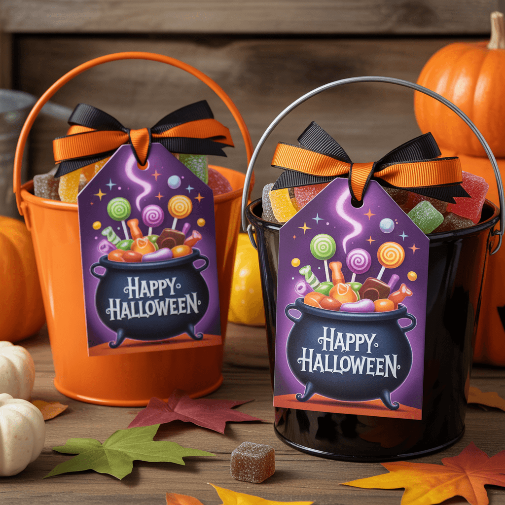  Tags with candy cauldron design on Halloween treat buckets.