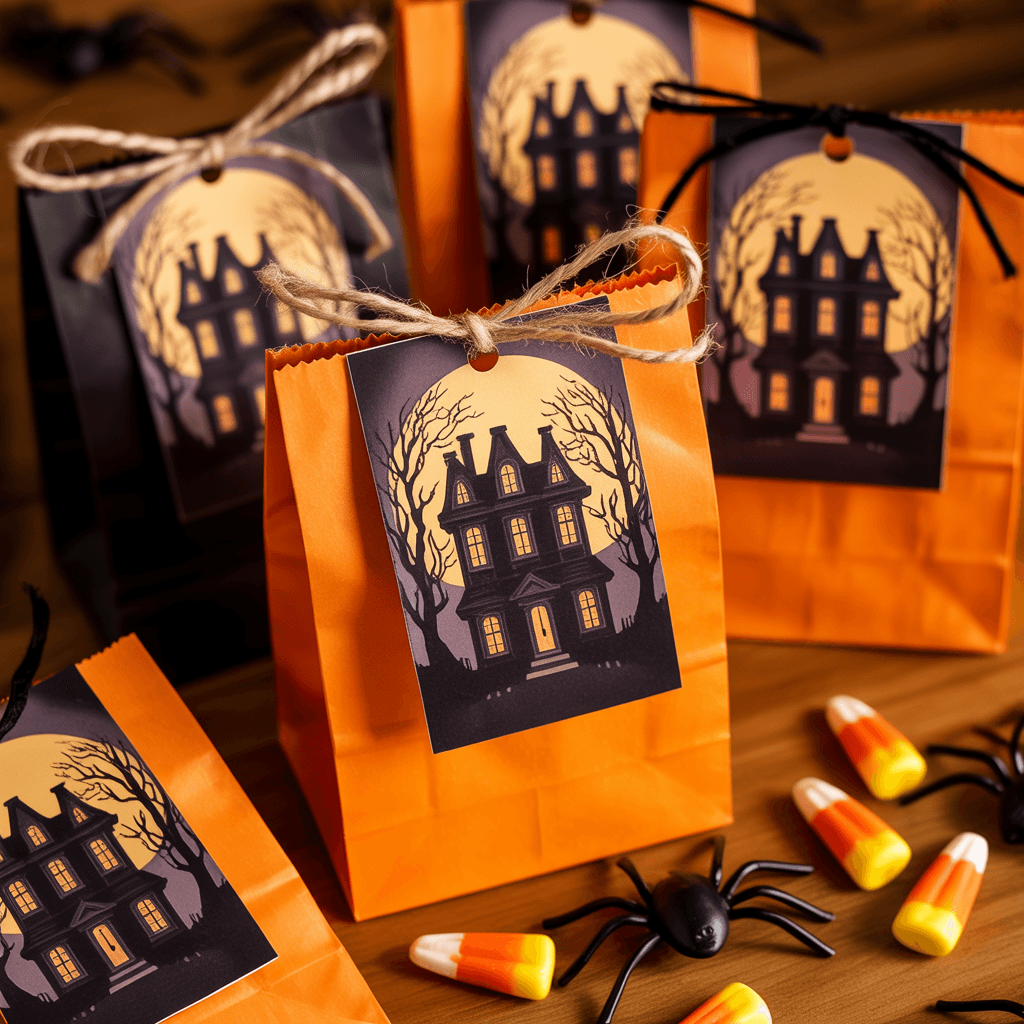 Tags with haunted house stickers on Halloween treat bags.