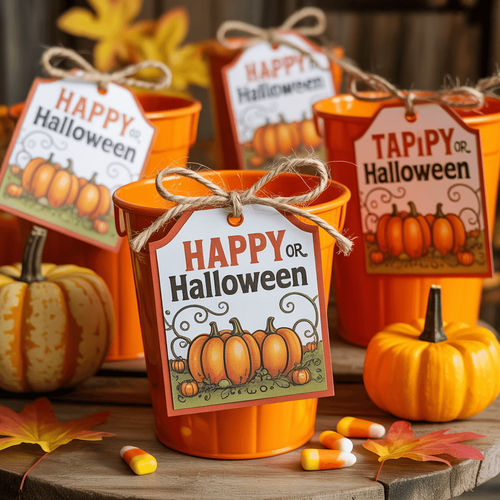 Tags with pumpkin patch design on treat buckets.