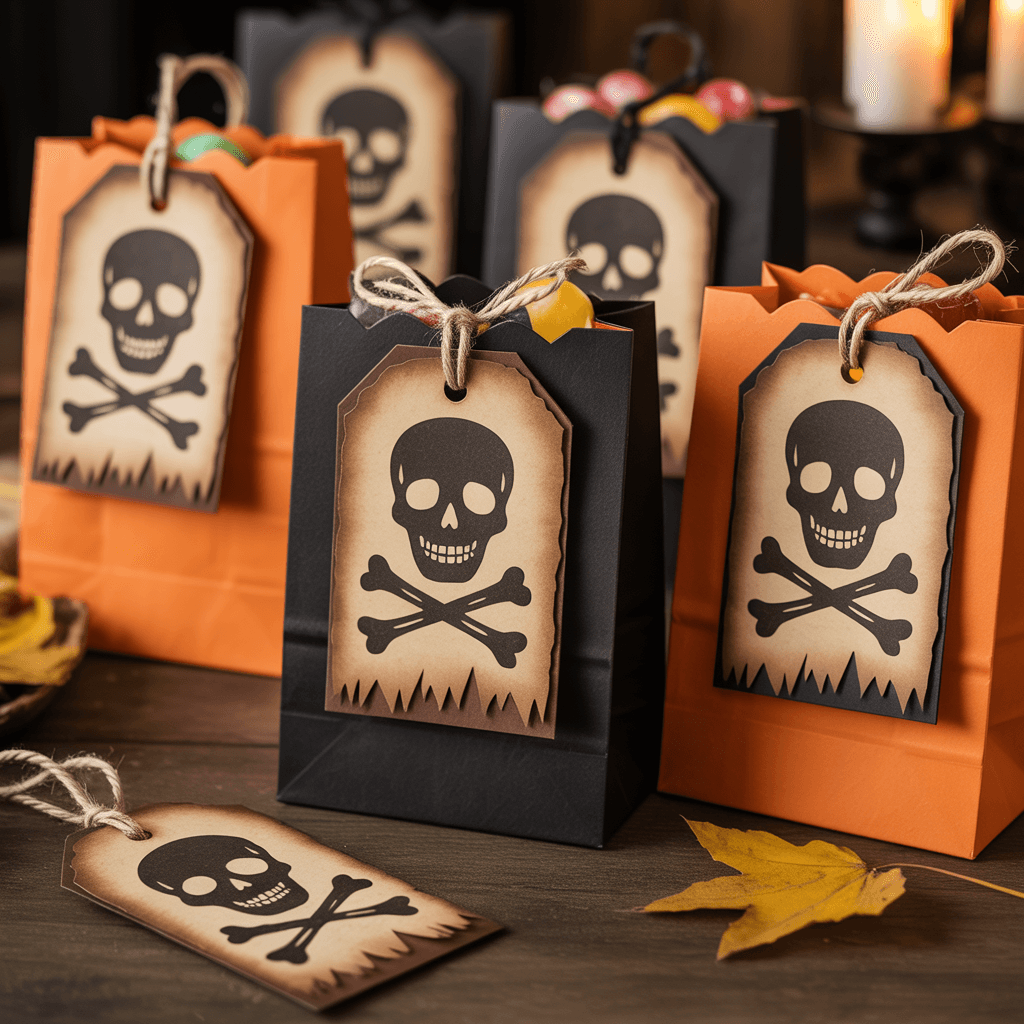 Tags with skull and bones on Halloween treat bags.