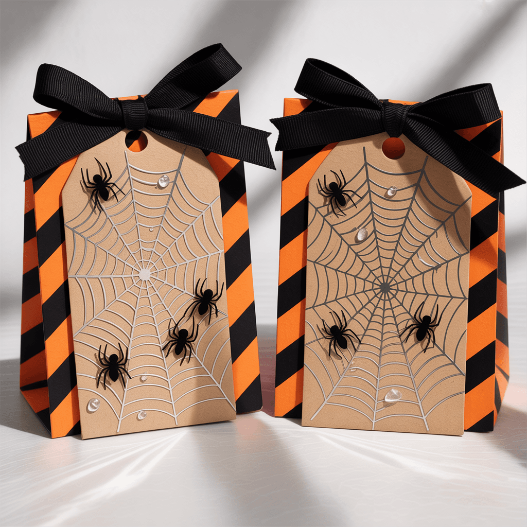 Tags with spider web design on Halloween treat bags.