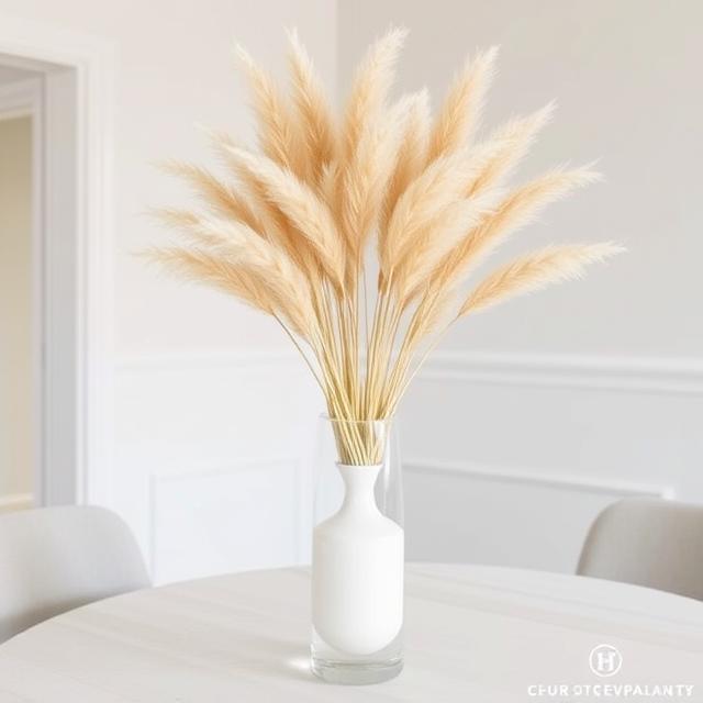 Tall clear glass or white ceramic vase with pampas grass stems