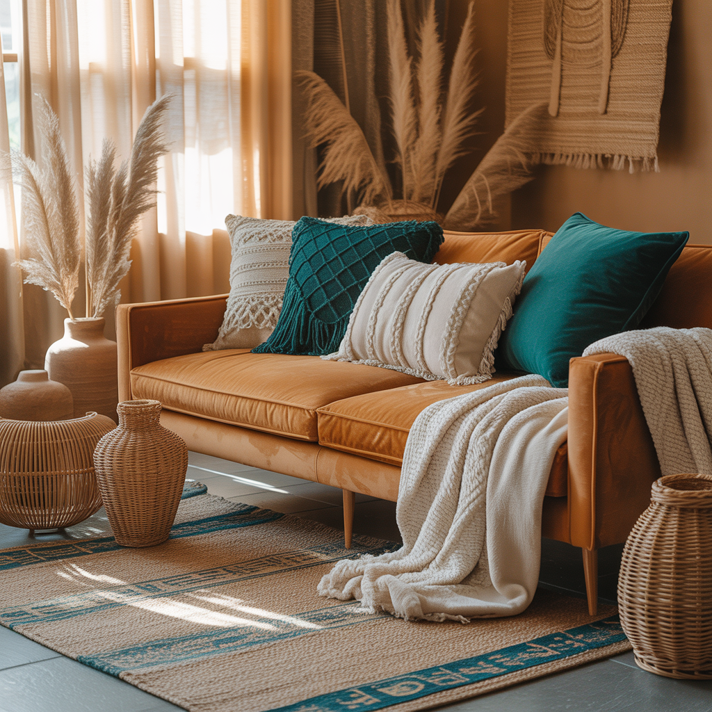 10 Boho Color Palettes to Refresh Your Space in 2025 9 Teal and caramel boho palette with cream details.