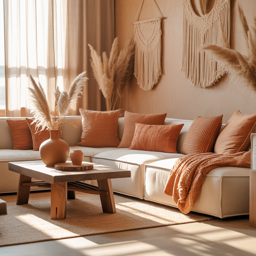 10 Boho Color Palettes to Refresh Your Space in 2025 3 Terracotta and cream boho palette in a cozy living room