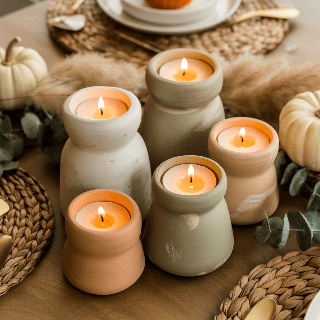 Terracotta candle holders in boho Halloween setup.
