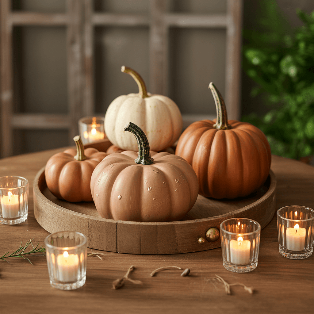 Terracotta pumpkin painted with matte cream details on a barnwood board.