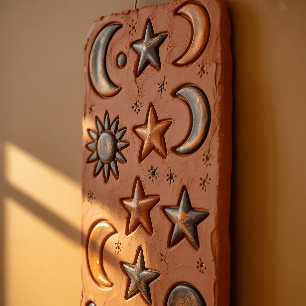  Terracotta wall hanging with moon and botanical patterns.
