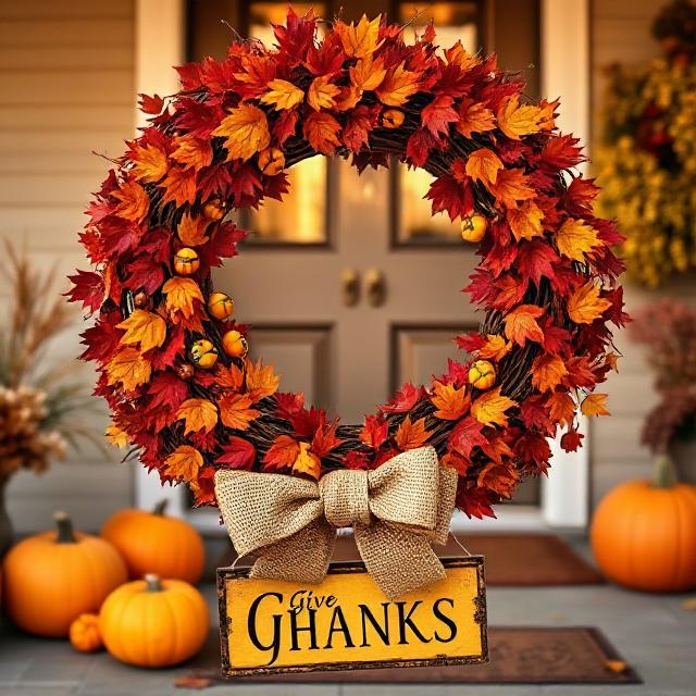 Thanksgiving wreath ideas with fall leaves and burlap bow