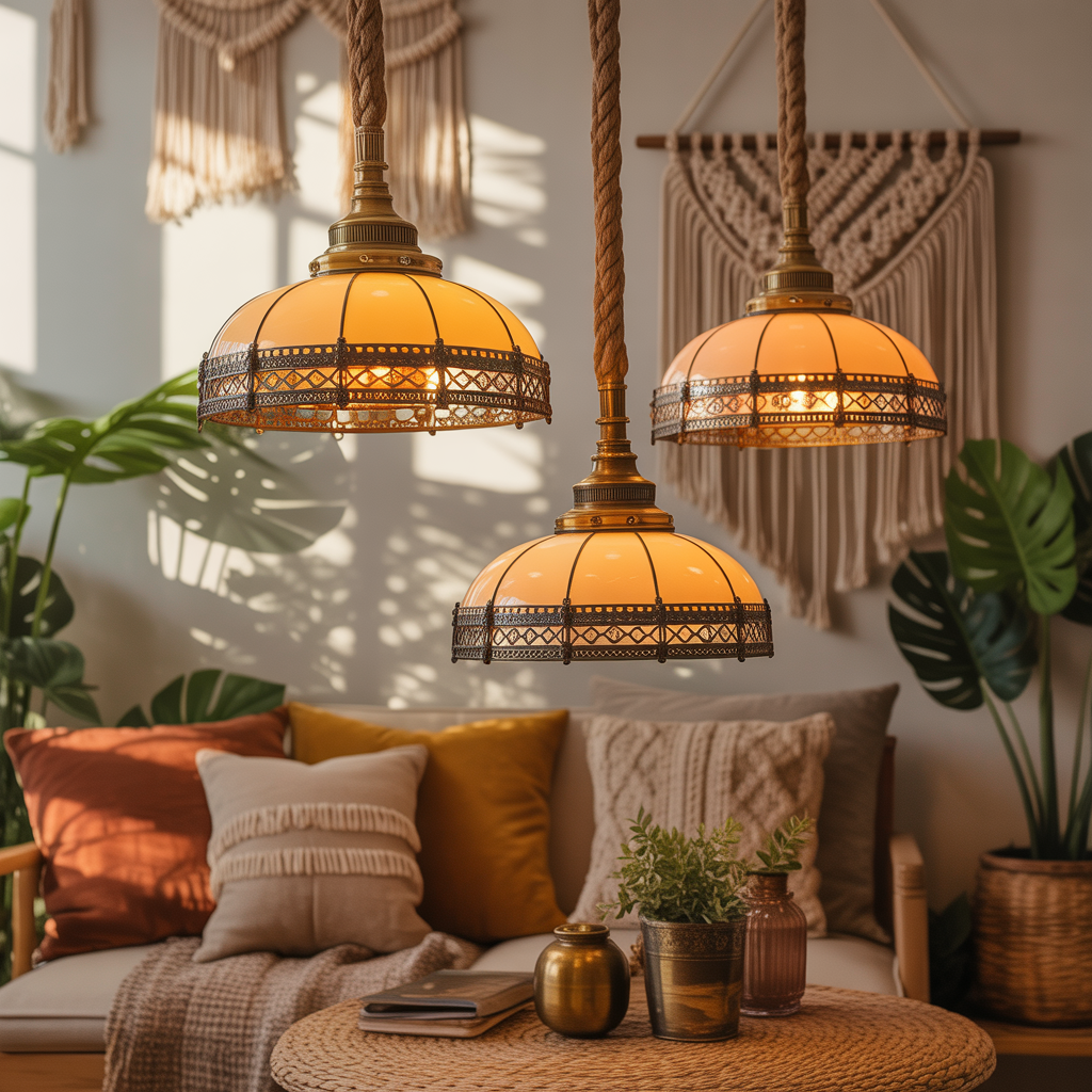 10 Best Boho Kitchen Makeover Ideas That Blend Function and Style 5 Three woven rattan pendant lights hanging over a kitchen island, casting a warm glow in a boho kitchen.