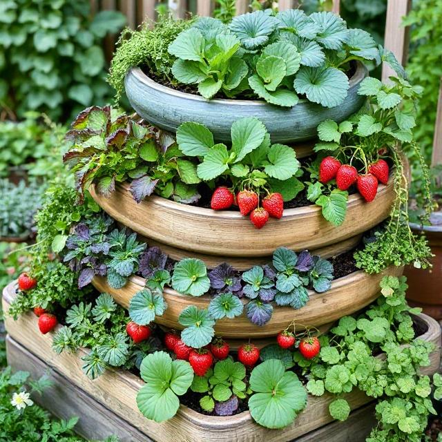 Tiered planter with small vegetable plants