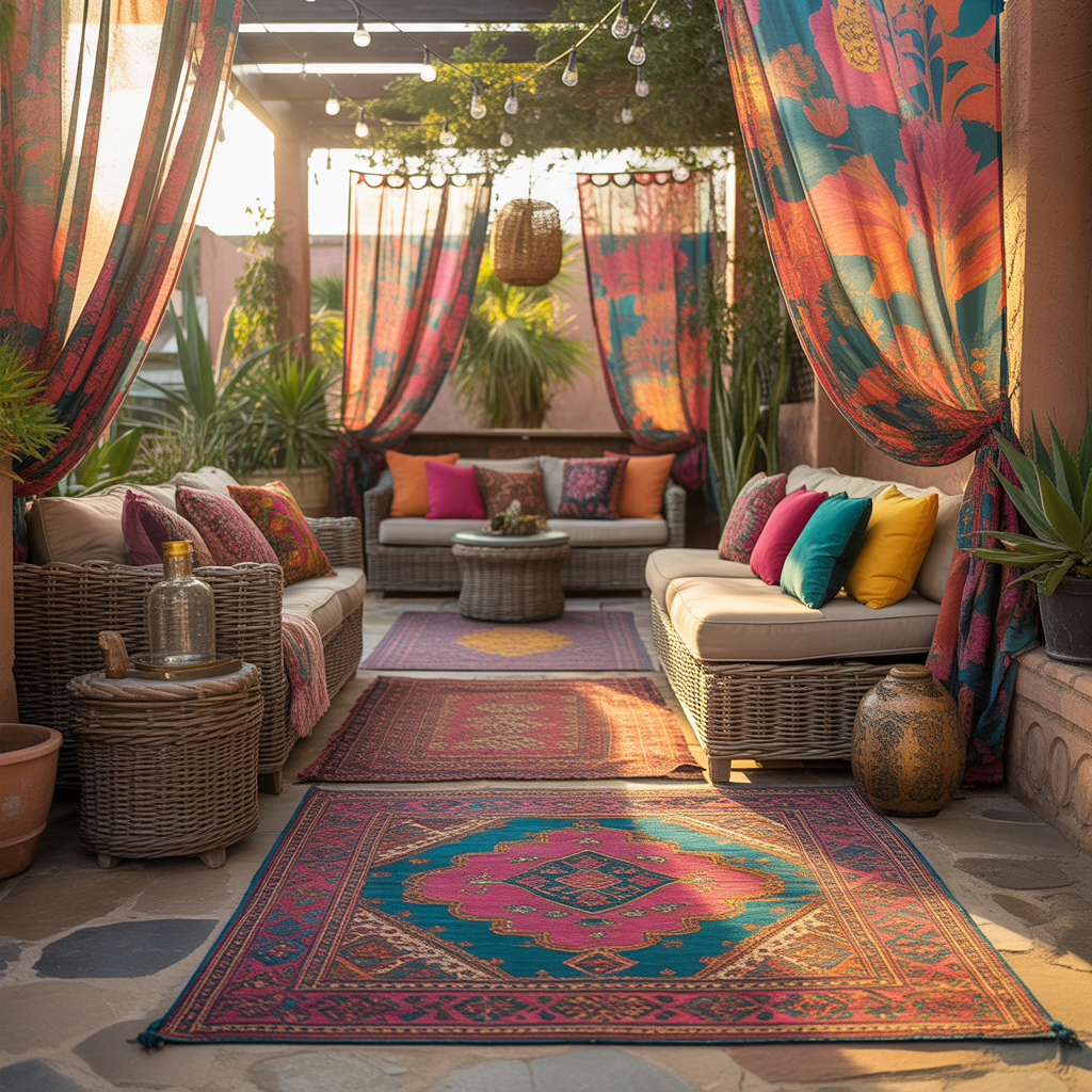 Outdoor Boho Patio Ideas for a Cozy Backyard Retreat 9 Vibrant boho patio with colorful pillows, patterned rugs, and floral curtains.