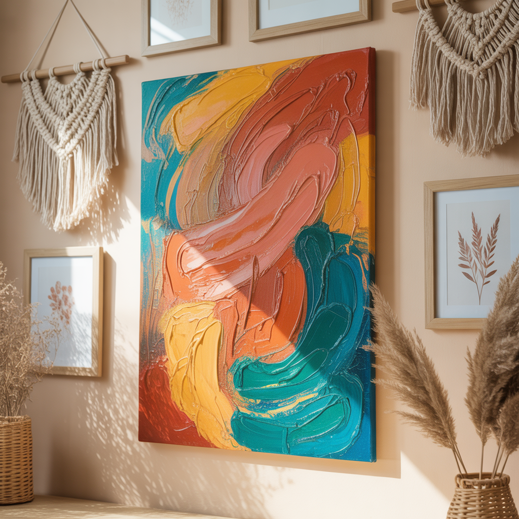 10 Eye-Catching DIY Boho Wall Art Ideas to Add Personality to Your Space 4 Vibrant painted canvas in a DIY Boho Wall Art Ideas setup.
