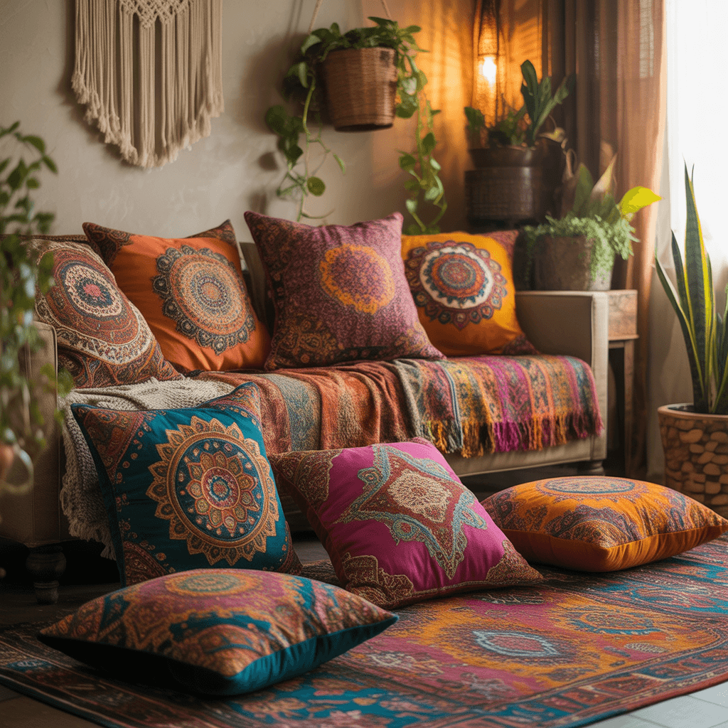 Vibrant patterned pillows in a Colorful Boho Interiors living space.