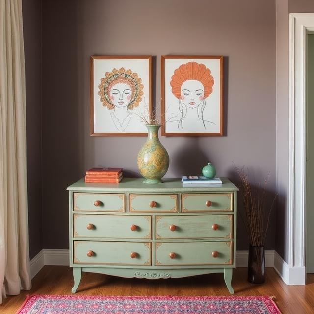 20 Modern Boho Home Décor Ideas for a Stylish 2025 Makeover 11 Vintage dresser with modern vase and boho art prints above it.