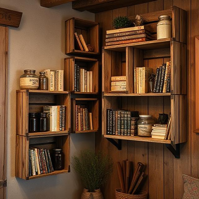 Wall-mounted wooden crates used as shelves for storage and décor