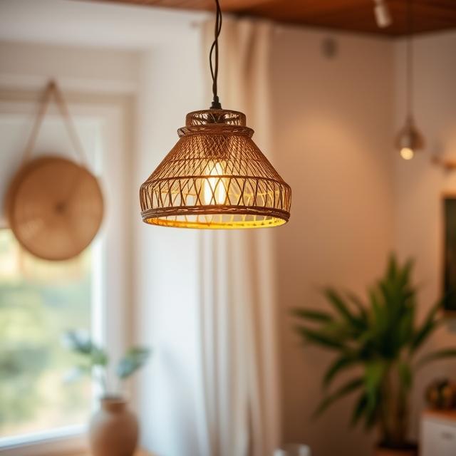 20 Modern Boho Home Décor Ideas for a Stylish 2025 Makeover 6 Warm ambient lighting with rattan pendant lamp in boho-style room.