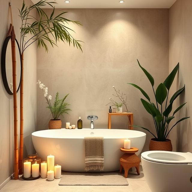 10 Boho Bathroom Ideas: Turn Your Bath Into a Relaxing Oasis 11 Warm and natural bathroom with jute rug and organic towels