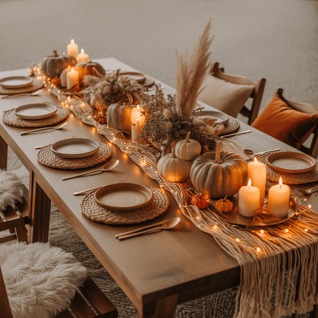  Warm string lights over rustic Halloween boho table setting.