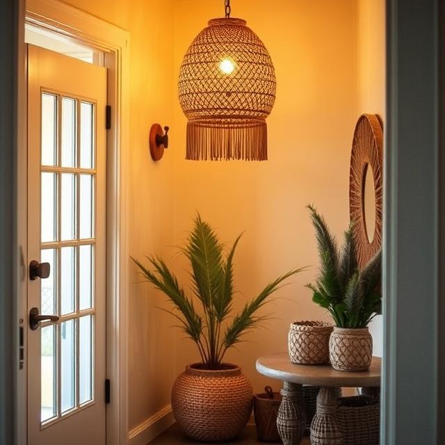 10 Boho Entryway Ideas 2025: Create a Warm Welcome on a Budget 8 Warmly lit Boho entryway with woven lamp and cozy ambient lighting.