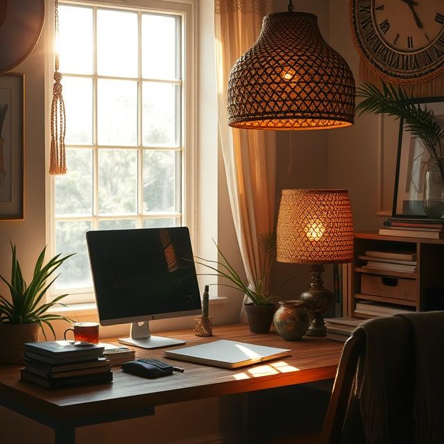 10 Genius Modern Boho Home Office Ideas for a Creative & Inspiring Workspace (2025) 8 Warmly lit Boho office with woven lamp and sunlight streaming through.