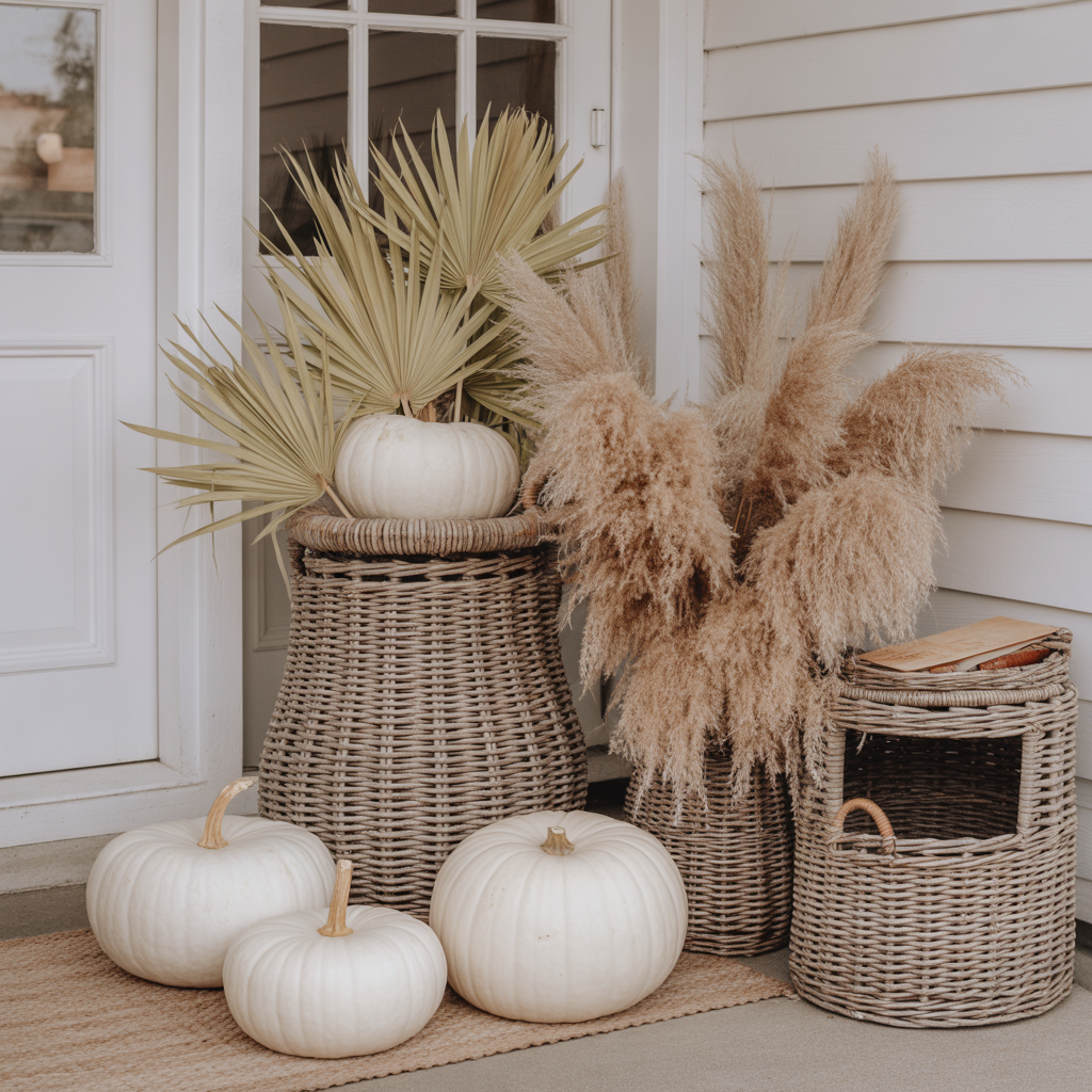 10 Boho Halloween Porch Ideas for a Cozy Outdoor Vibe 4 White and sage pumpkins in wicker baskets with moon phase stencils on a cozy boho porch.