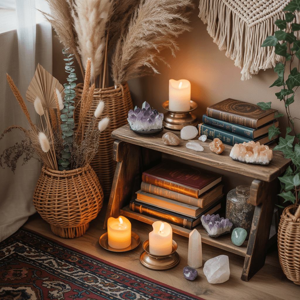 Witchy boho corner with dried botanicals and crystals