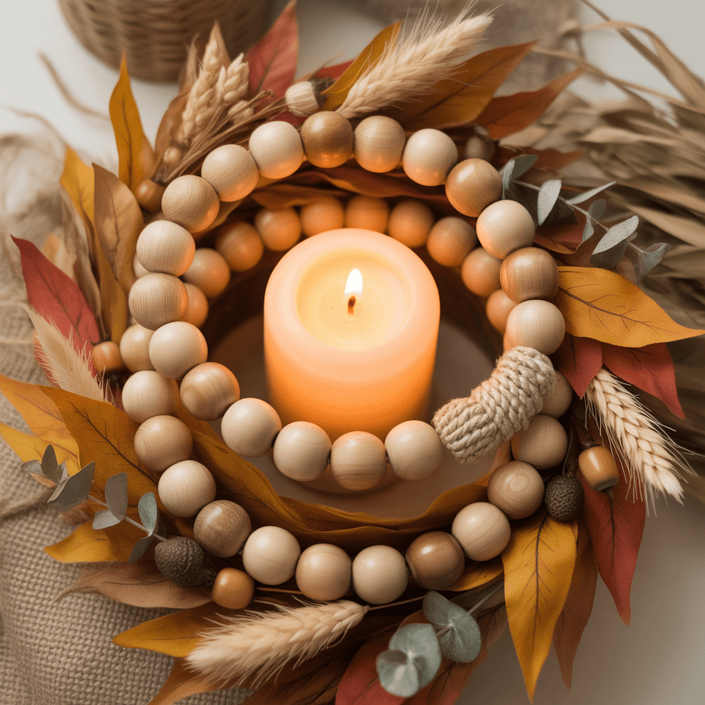 Wooden bead candle ring surrounding flickering Halloween candle.
