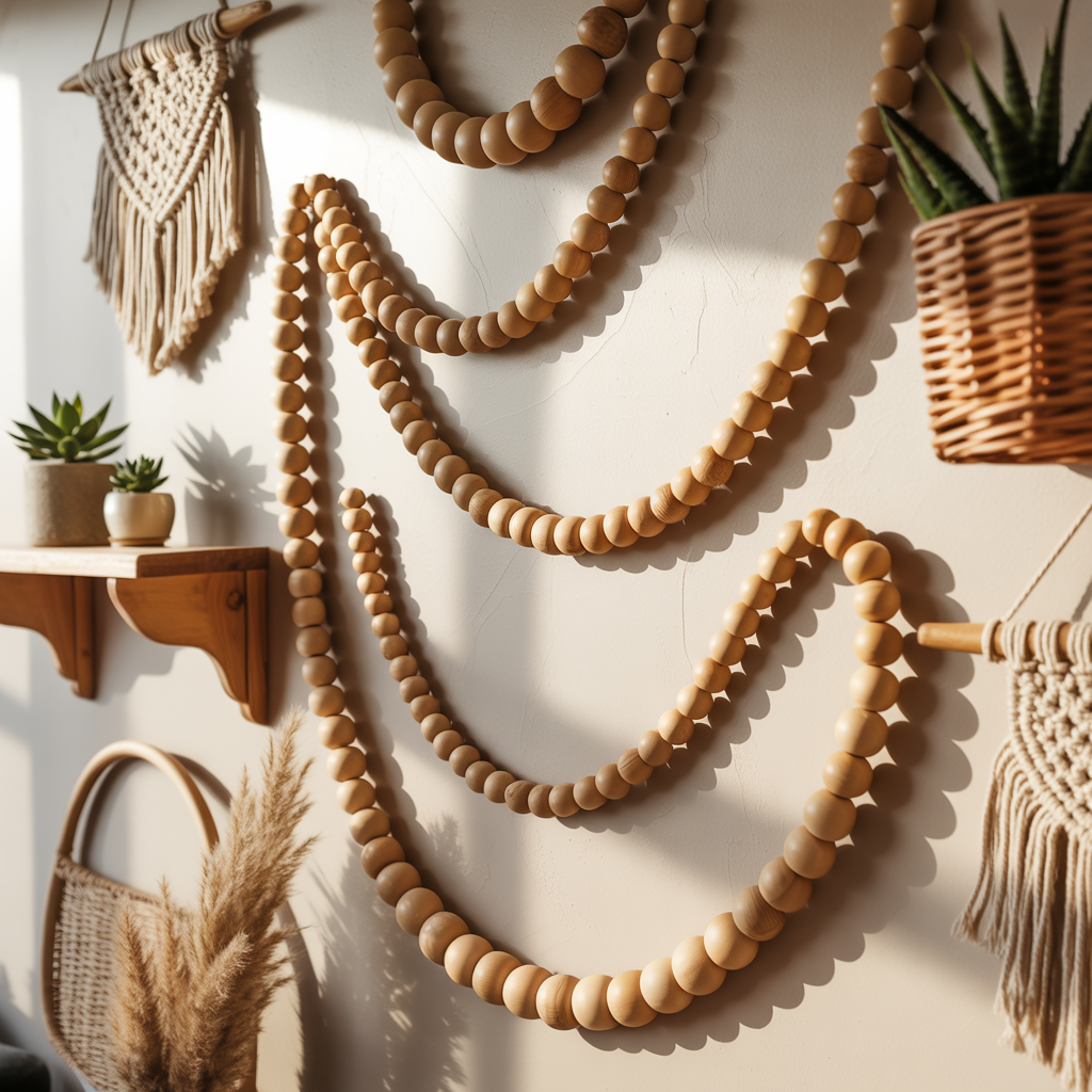 10 Eye-Catching DIY Boho Wall Art Ideas to Add Personality to Your Space 9 Wooden bead wall art in a DIY Boho Wall Art Ideas display.