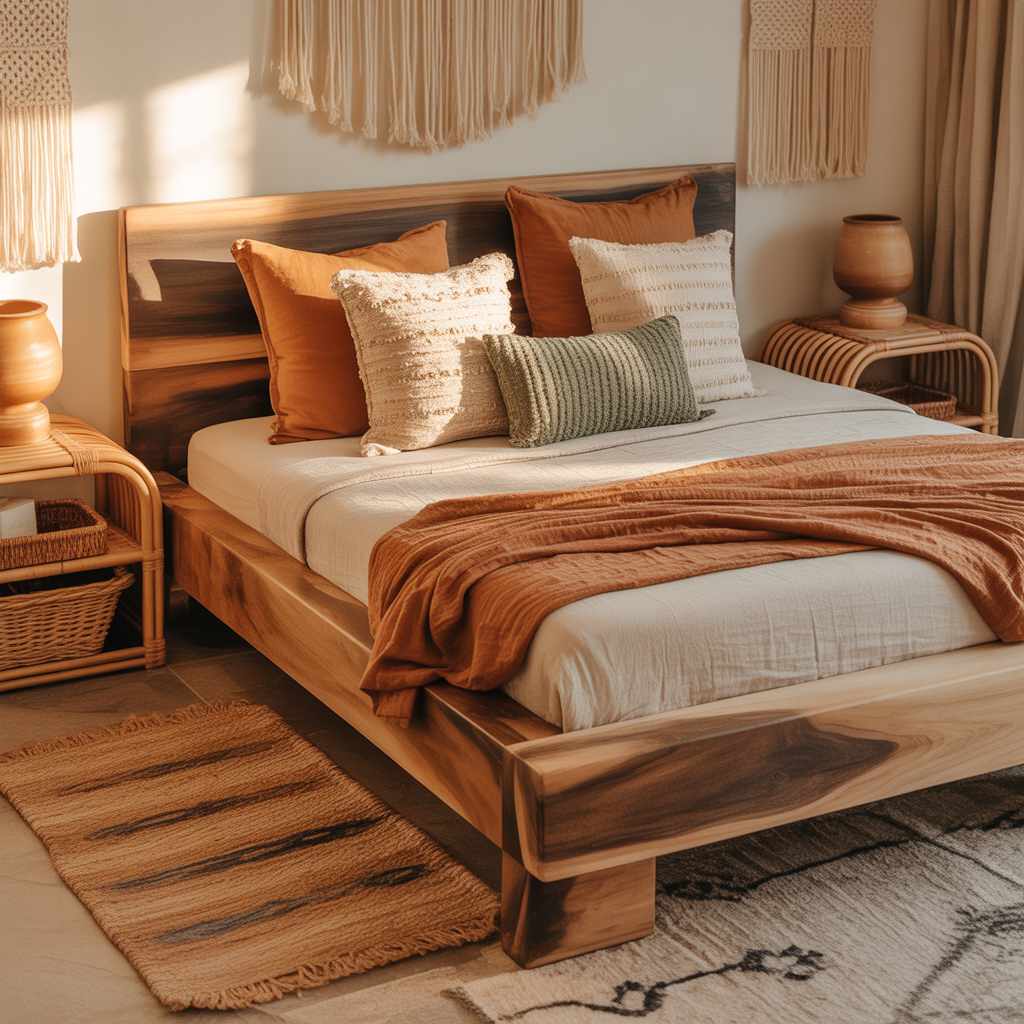10 Dreamy Boho Bedroom Ideas for a Relaxing 2025 Sanctuary 5 Wooden bed frame with rattan chairs and natural fiber rug in a boho bedroom.