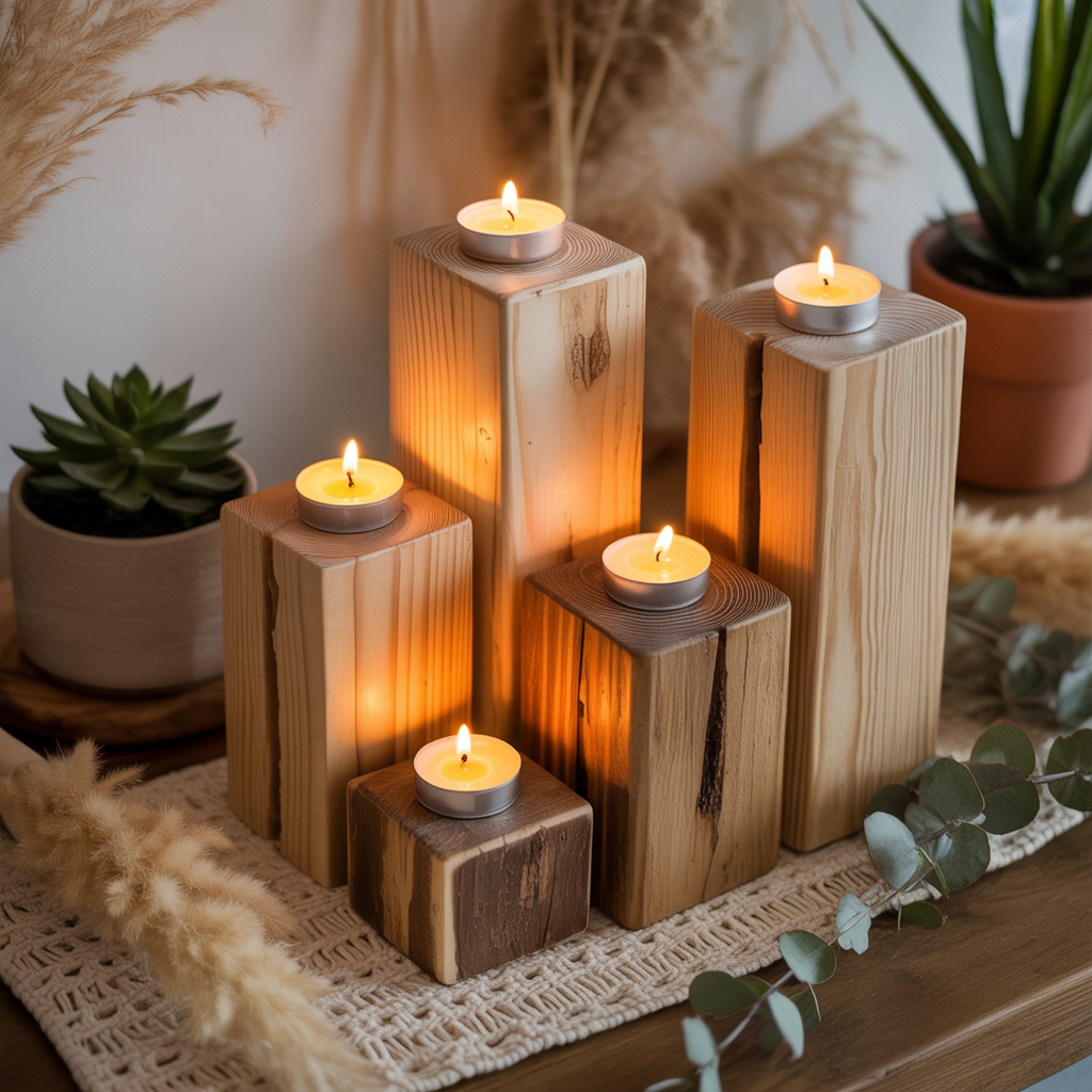 10 Amazing Ways to Make Your Own Boho Candle Holders and Décor 11 Wooden block Boho Candle Holders with tealights in a boho setup.