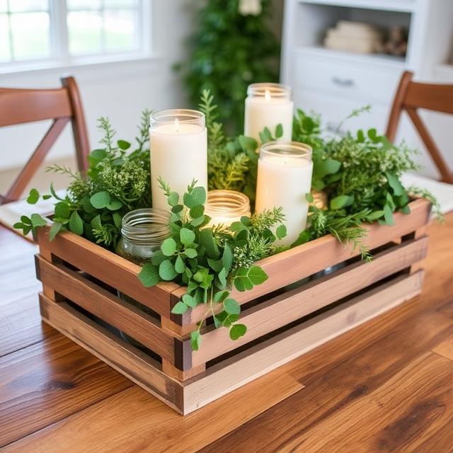 Wooden crate centerpiece filled with faux greenery