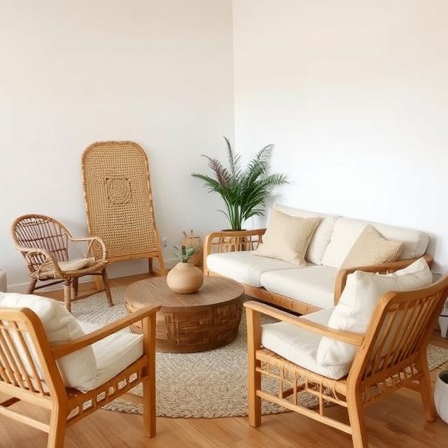 How to Mix Boho and Minimalist Styles for a Balanced Look 4 Wooden furniture, woven textures, and linen cushions in a minimalist boho interior.