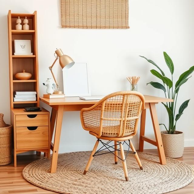 10 Genius Modern Boho Home Office Ideas for a Creative & Inspiring Workspace (2025) 4 Wooden home office desk with rattan chair and woven jute rug