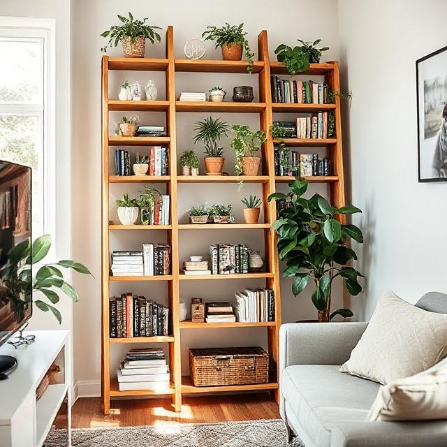 Wooden ladder shelf with books and décor items