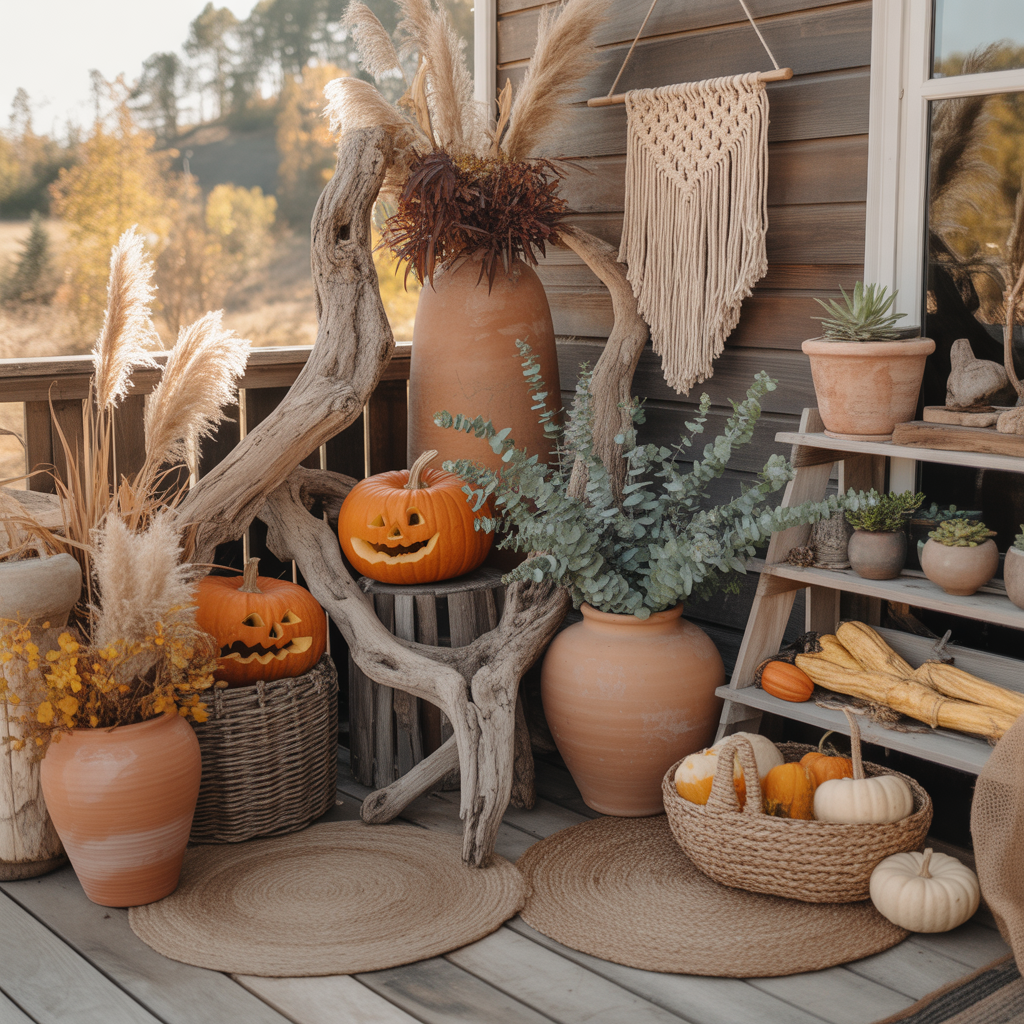 10 Boho Halloween Porch Ideas for a Cozy Outdoor Vibe 9  Wooden stools and baskets with dried leaves and pumpkins for a rustic boho Halloween porch.