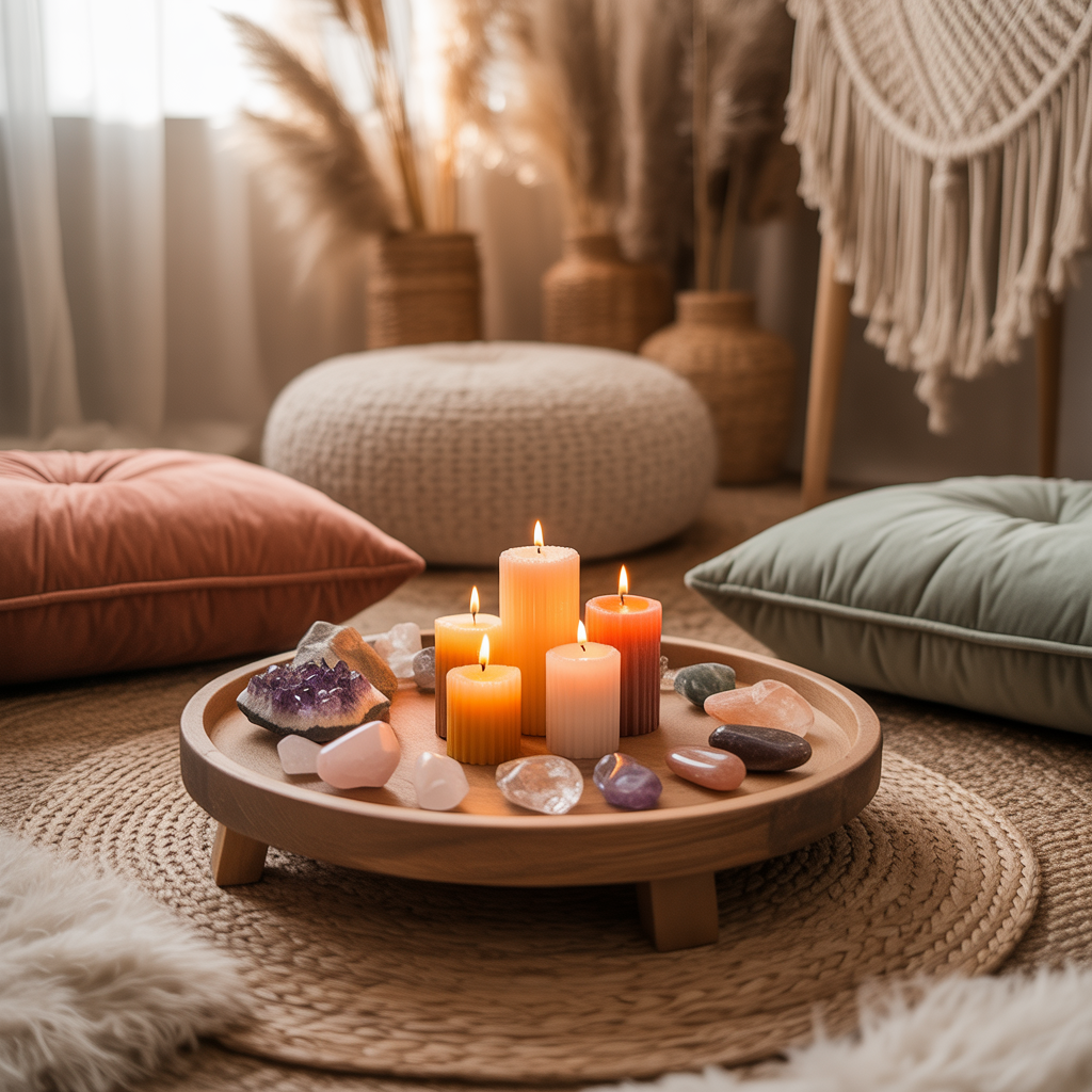 10 Beautiful Boho Meditation Corner Ideas You Can Create at Home 10 Wooden tray with meditation items in a boho-themed corner.